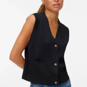 Chaleco de botón de cuello en V saba - negro