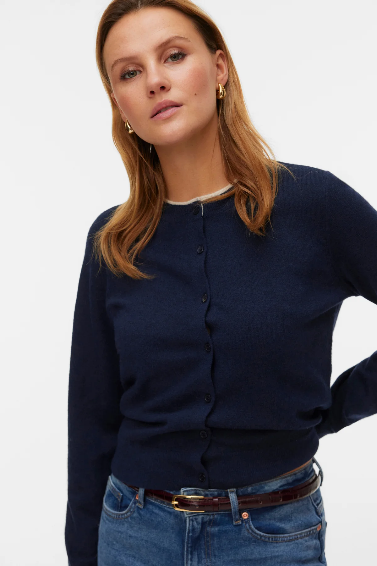 Maravilloso cárdigan con cuello redondo -Blazer azul marino con. Abedul