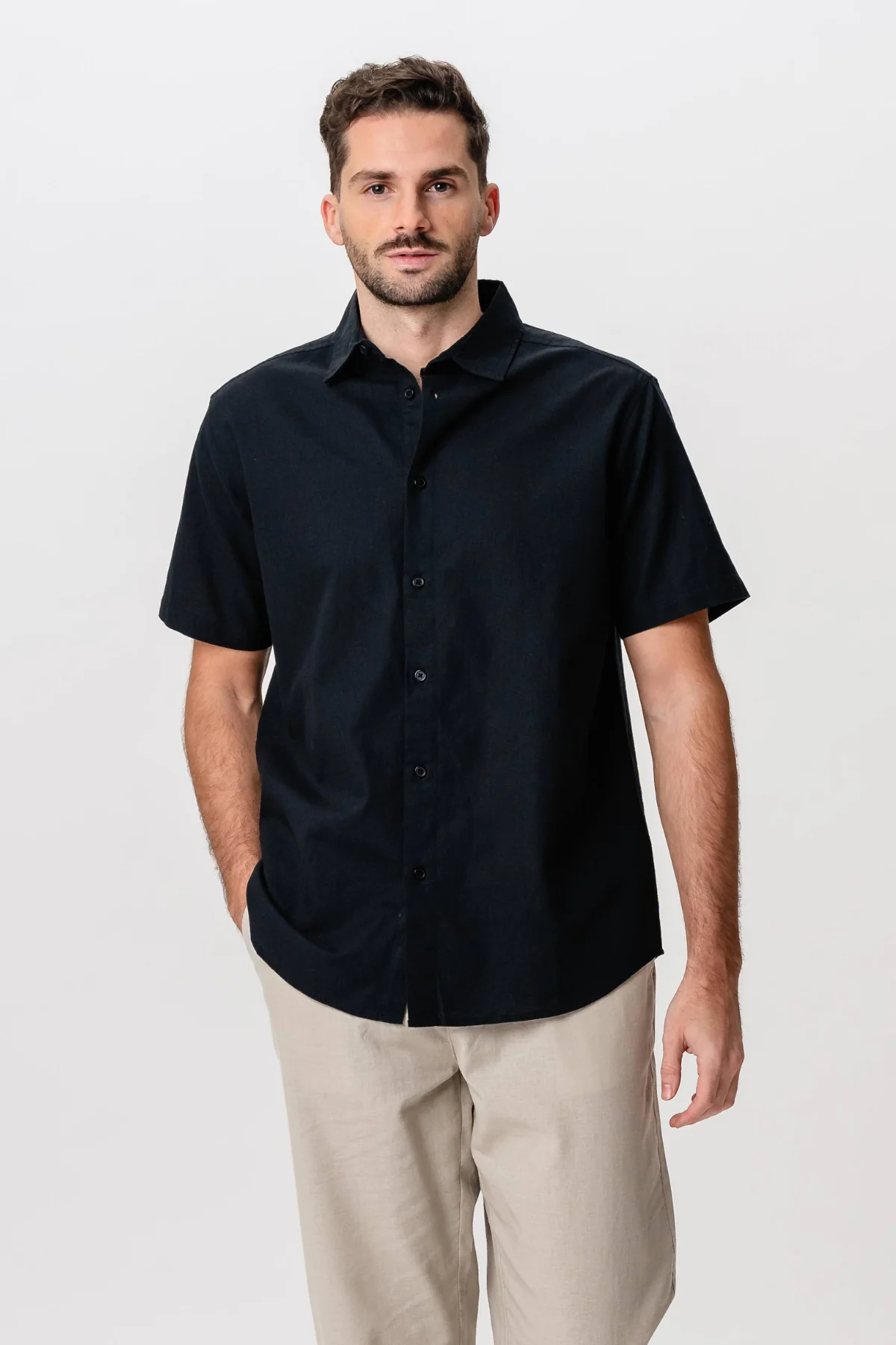 Camisa de lino de manga corta - Negro