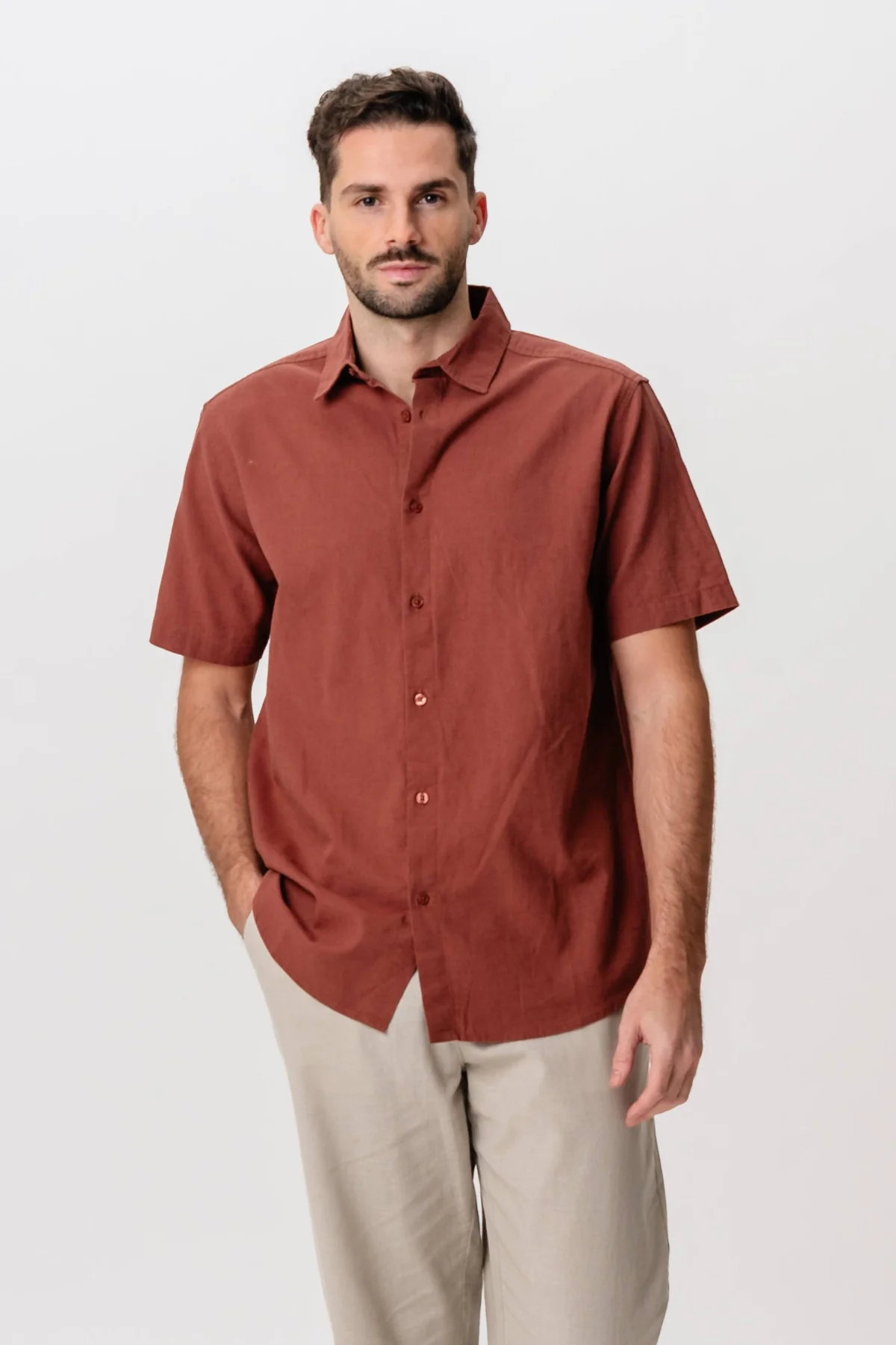 Camisa de lino de manga corta - Terracota