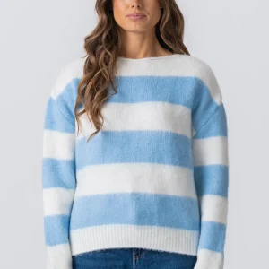 Suéter de punto a rayas de celina - blanco/azul cielo