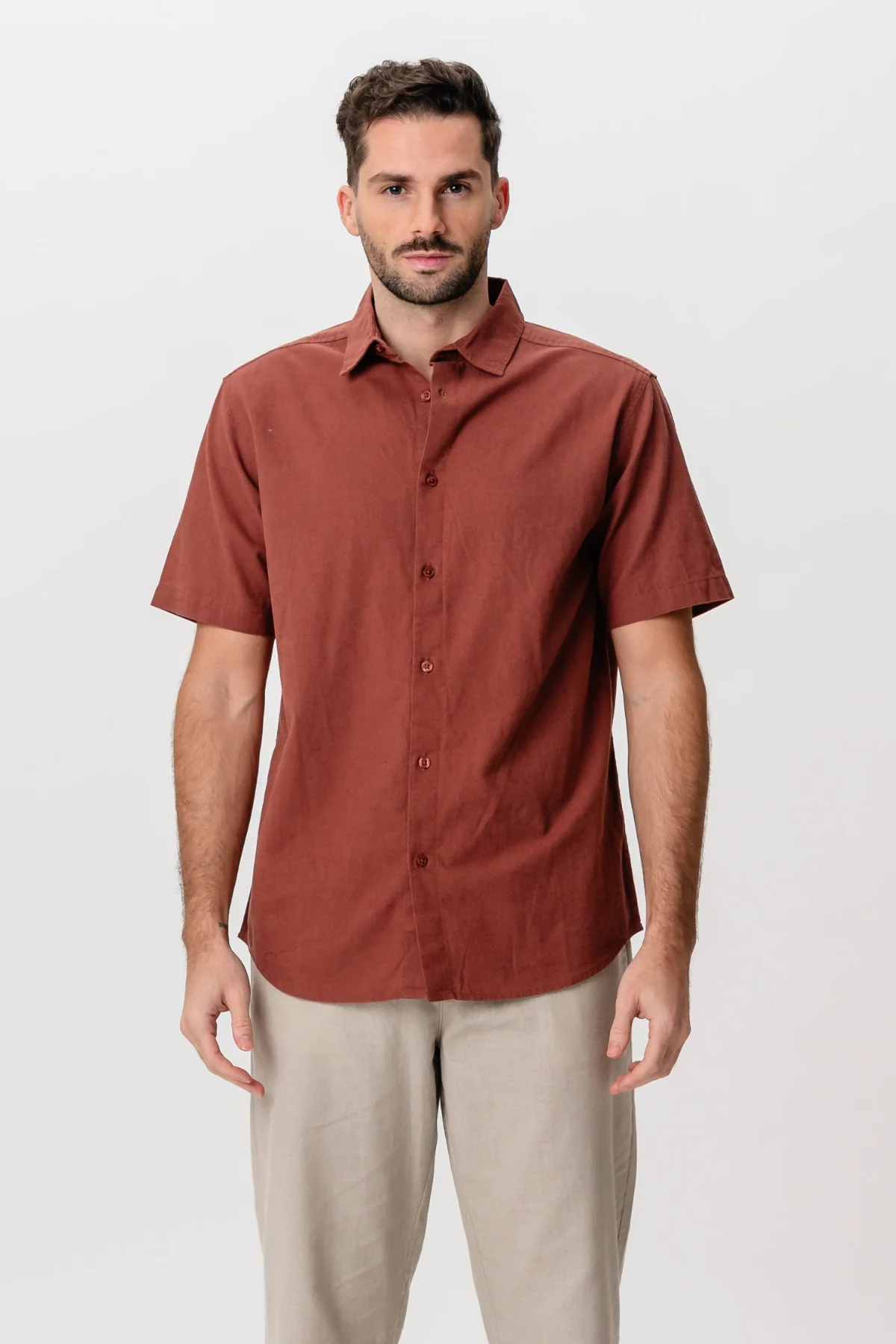 Camisa de lino de manga corta - Terracota - Imagen 4