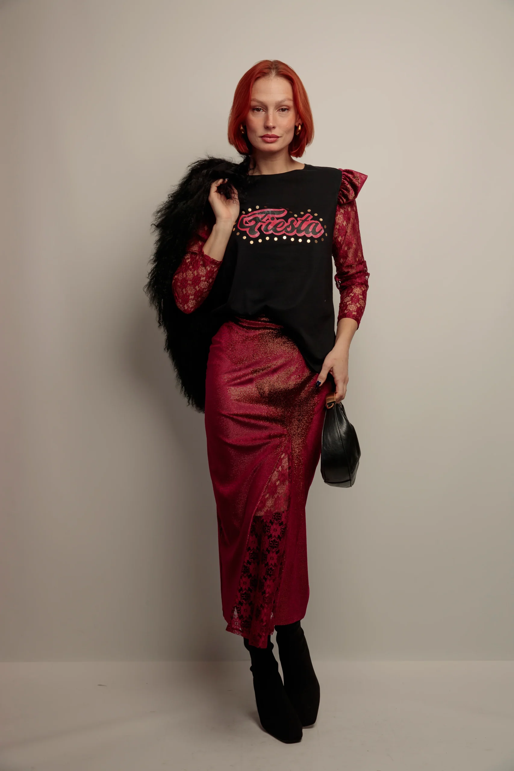 Falda Combinada Terciopelo Granate - Imagen 3