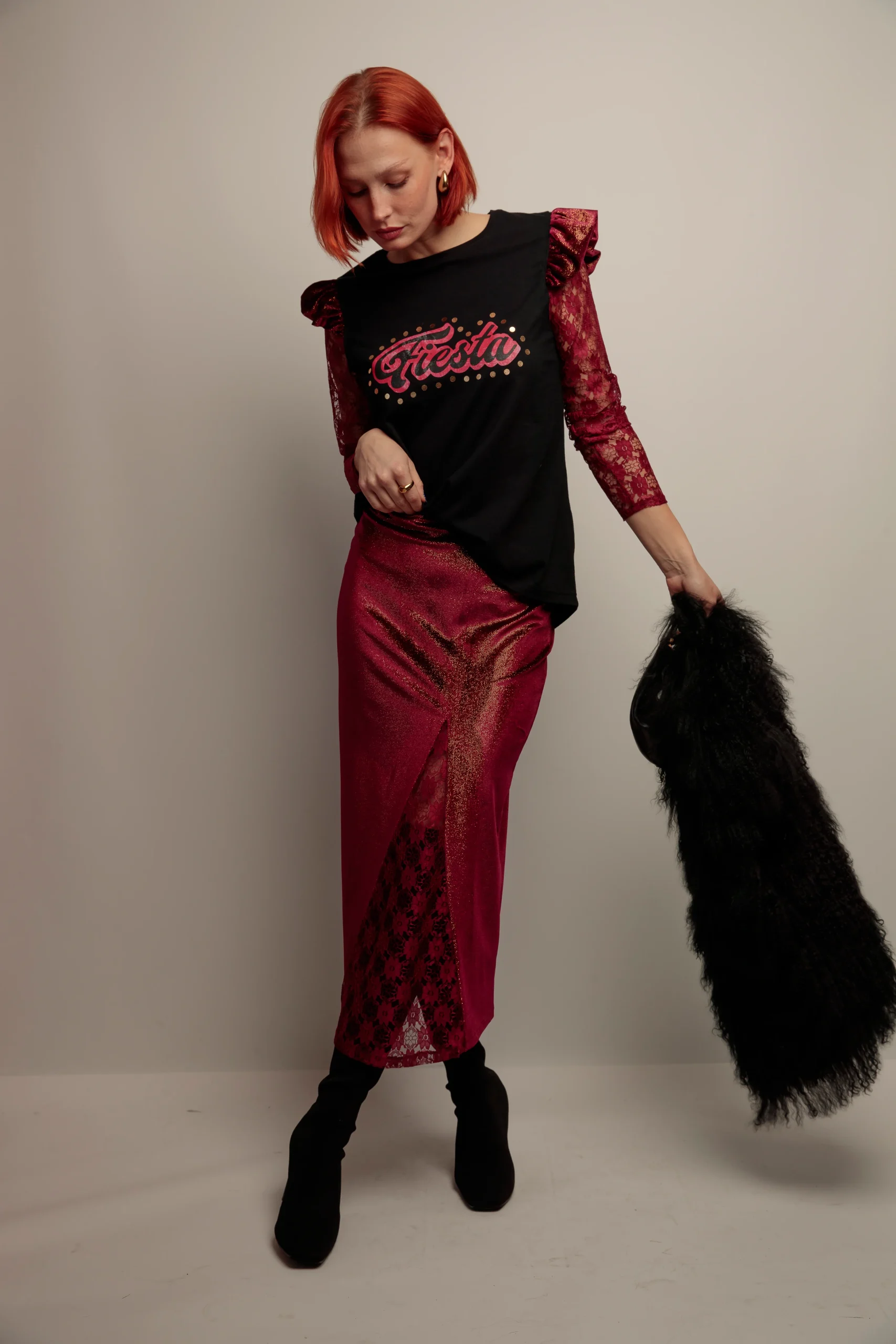 Falda Combinada Terciopelo Granate - Imagen 4