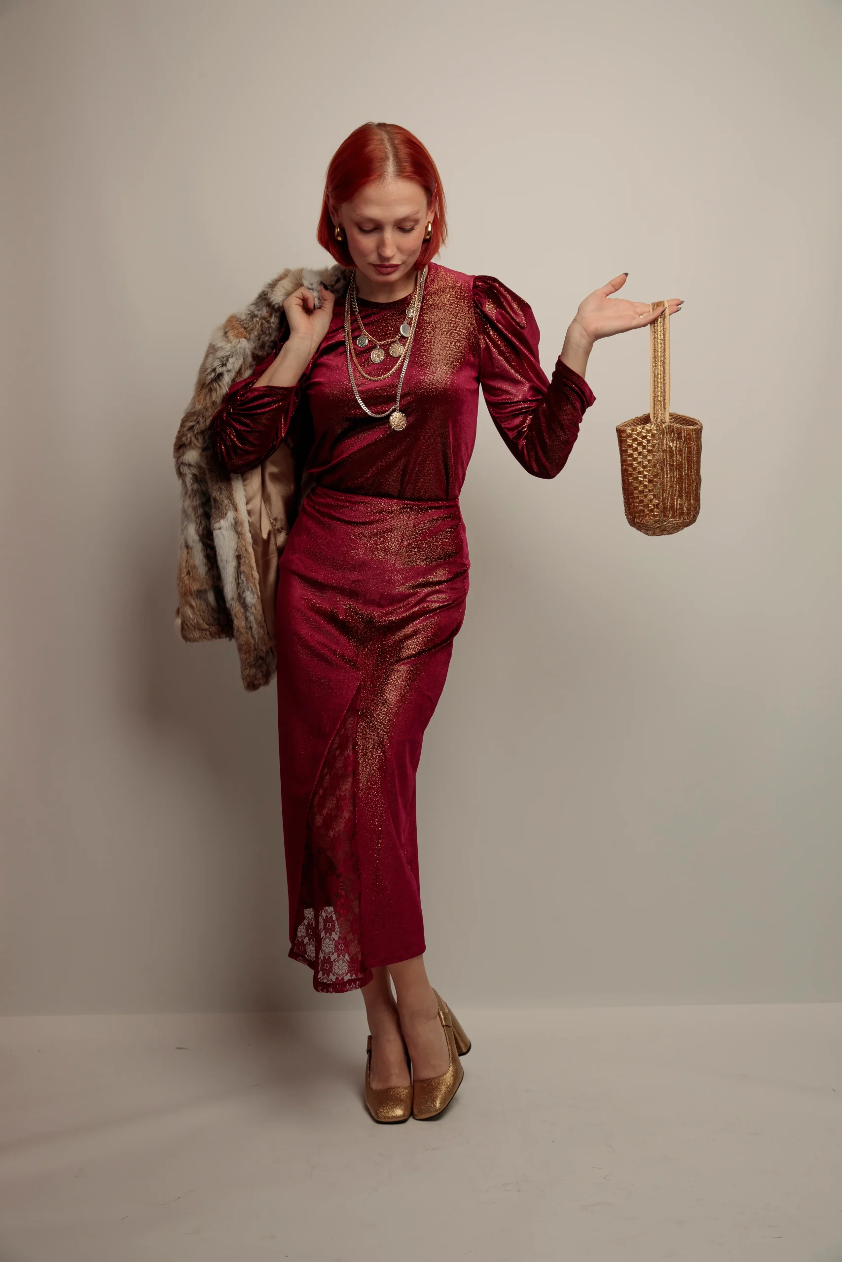 Falda Combinada Terciopelo Granate - Imagen 6