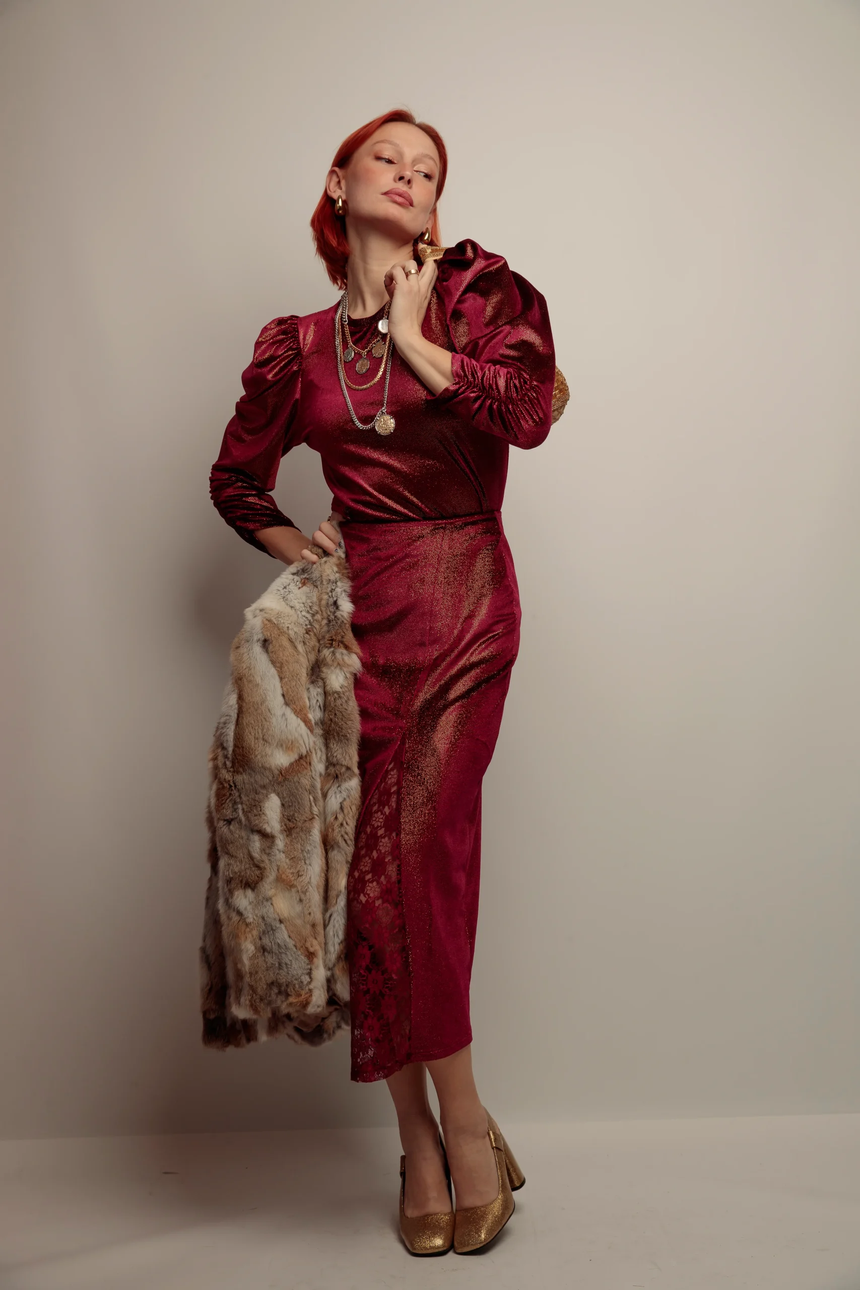 Falda Combinada Terciopelo Granate