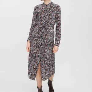 Vestido fácil de camisa larga - Negro con flores azules